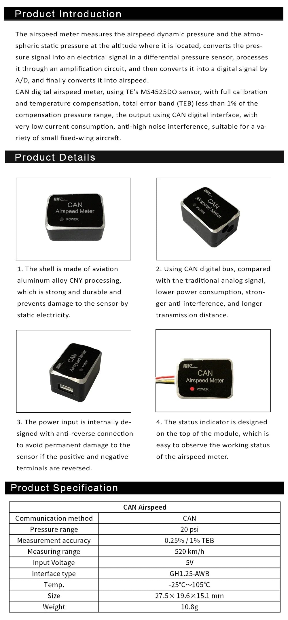 Makeflyeasy CAN Airspeed Meter PIX Flight Control Airspeed Meter Differential Pressure Sensor