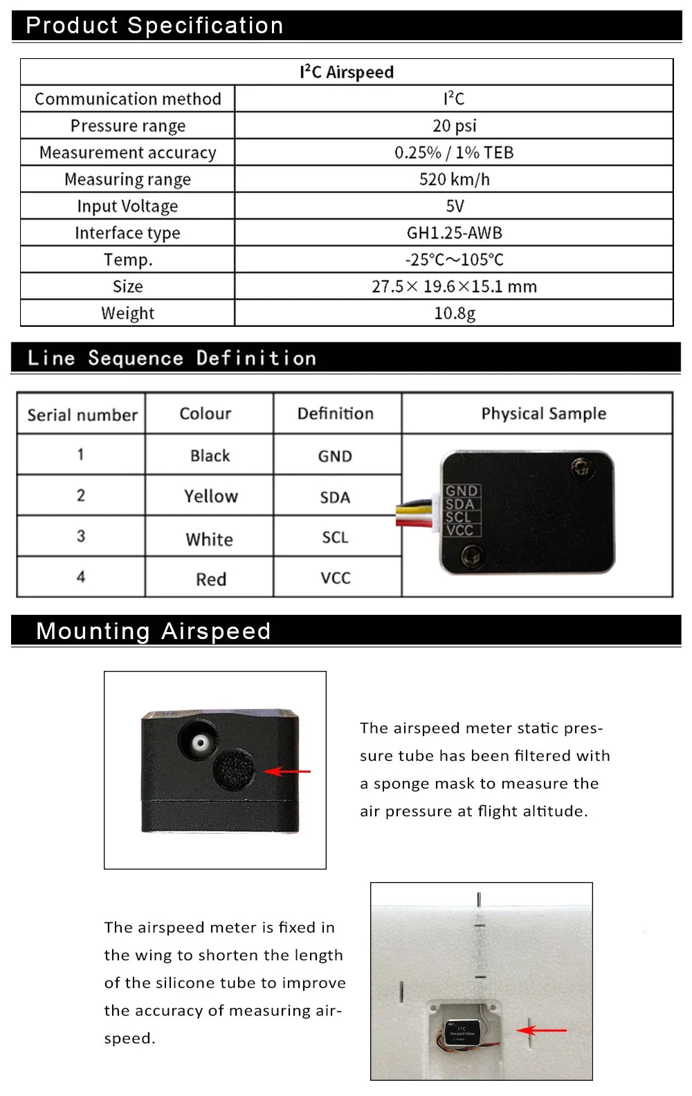 Makeflyeasy I²C Airspeed Meter PIX Flight Control Airspeed Meter Differential Pressure Sensor