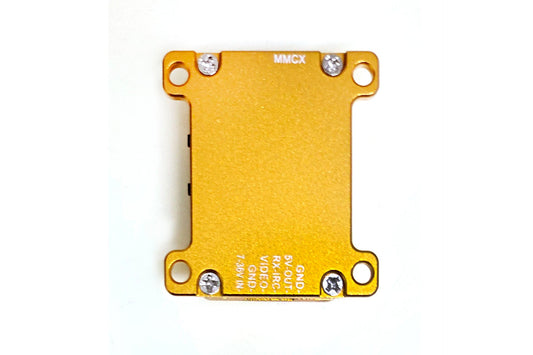 A gold 4.5GHz long-range video transmitter VTX/VRX module with MMCX connector and labeled ports.