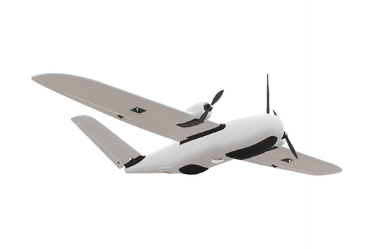 Makeflyeasy Believer 1960mm UAV Fixed Wing Drone in flight with grey and white design.