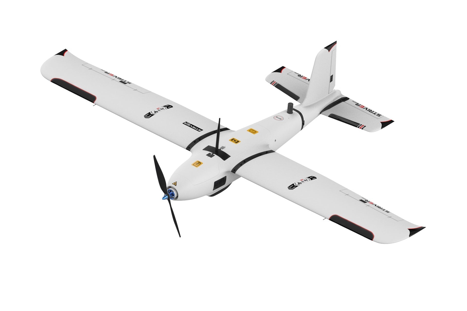Makeflyeasy striver mini binary 2100mm UAV fixed-wing drone with white EPO and carbon fiber body, showcasing aerodynamic design and wing structure.