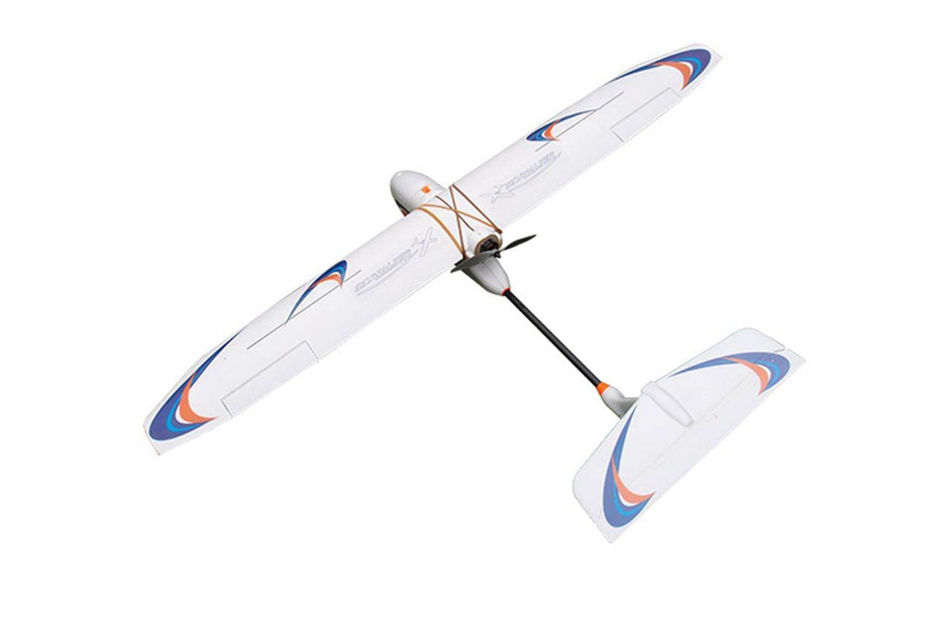 Skywalker 1900mm fixed wing drone platform in flight, featuring a T-tail design and colorful markings.