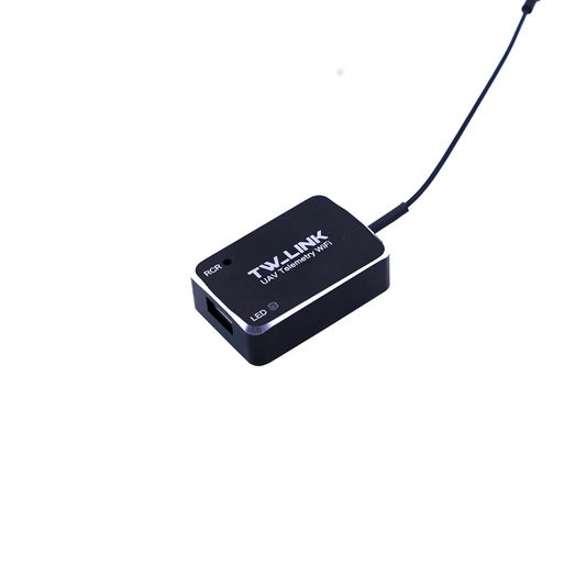 Makeflyeasy UAV WiFi data transmission module with antenna for ground station data forwarding.