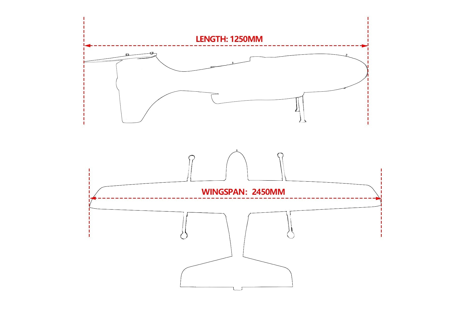 Skywalker SKY245 UAV VTOL Drone schematic with dimensions showing 1250mm body length and 2450mm wingspan.