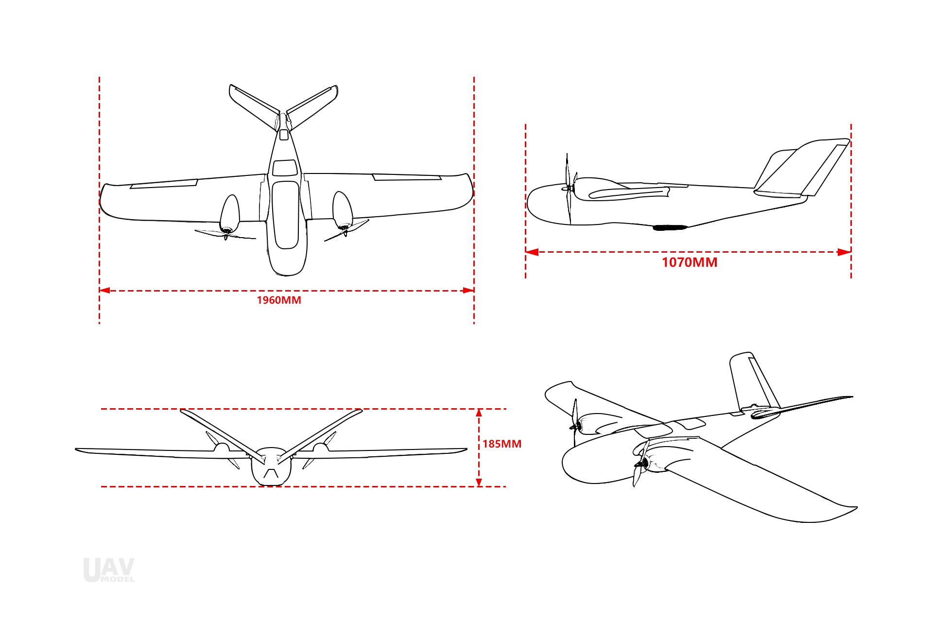 Makeflyeasy Believer 1960mm UAV fixed wing drone dimensions illustration.