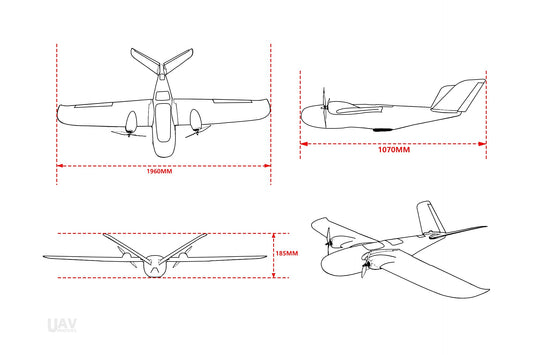 Makeflyeasy Believer 1960mm UAV fixed wing drone dimensions illustration.