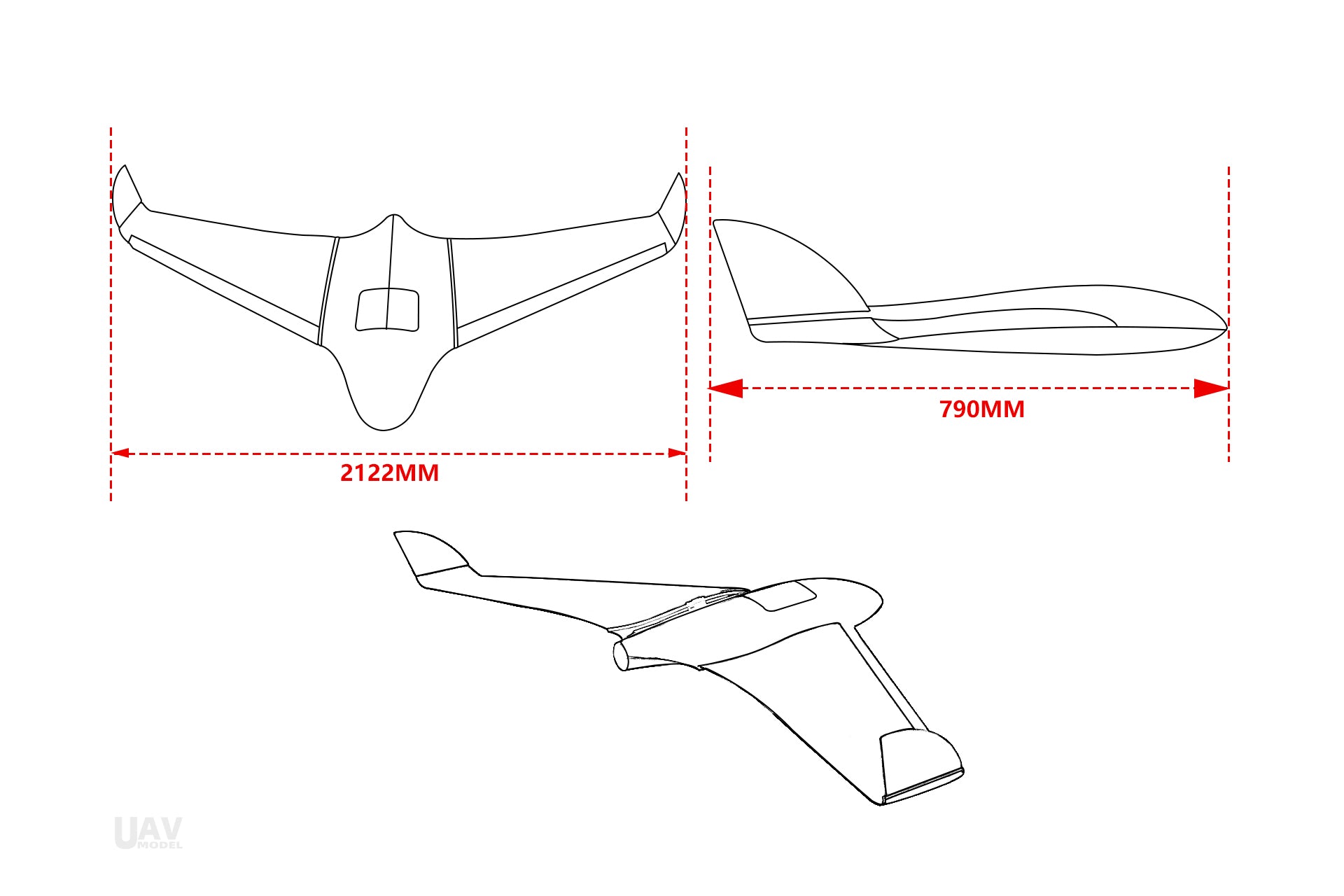 Skywalker X8 2122mm UAV Fixed Wing Drone blueprint with dimensions 2122mm wingspan and 790mm fuselage length.