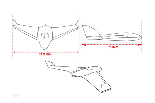 Skywalker X8 2122mm UAV Fixed Wing Drone blueprint with dimensions 2122mm wingspan and 790mm fuselage length.