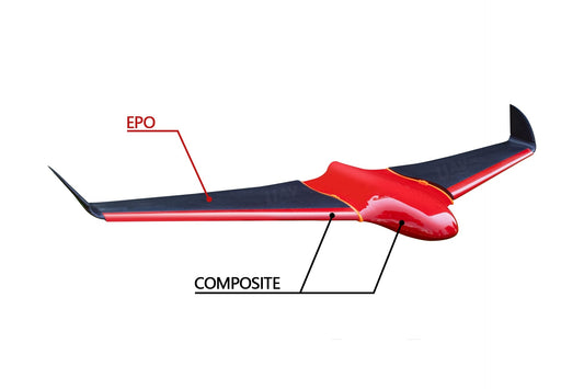 Skywalker X8 Strong Composite 2122mm UAV fixed wing drone, black and red design, composite and EPO materials.