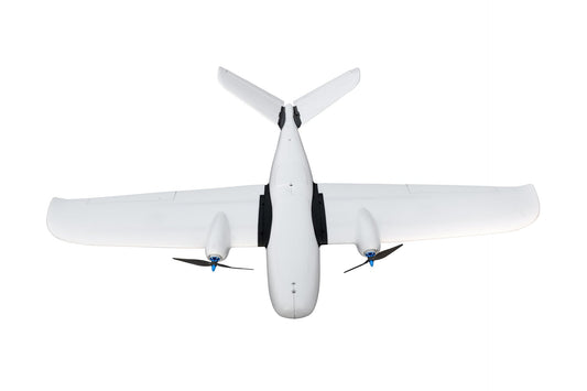 Makeflyeasy Believer 1960mm UAV Fixed Wing Drone with dual propellers, aerial view.